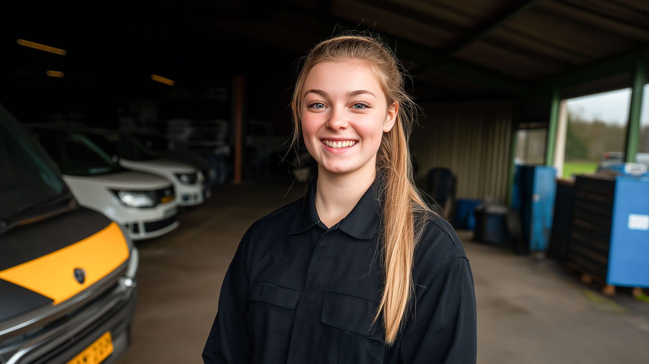 Smiling technician in a vehicle workshop