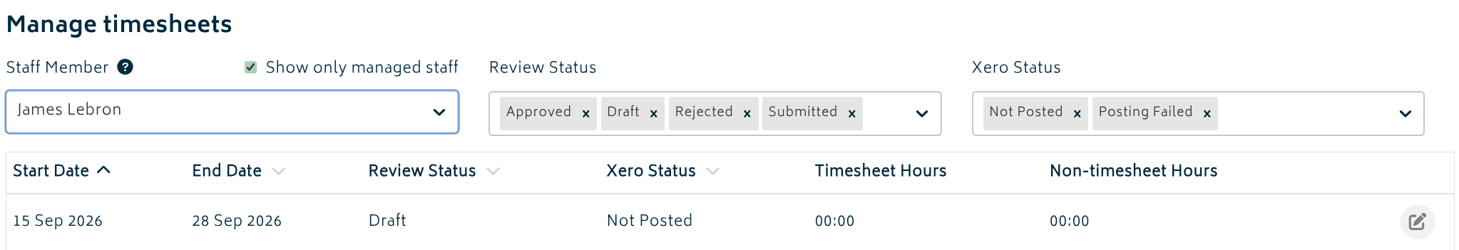 Xero staff timesheets